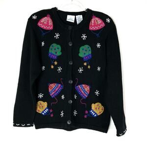 Bobbie Brooks | Vintage Winter Sweater Black Cardigan Gloves Hats Embroidered SM